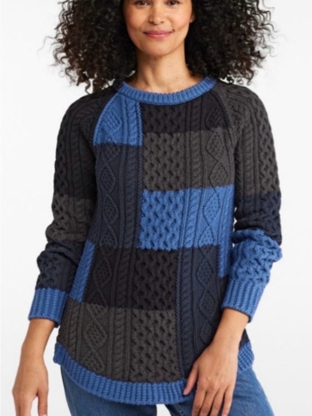 L.L. Bean Blue and Charcoal Cable-Knit Colorblock Sweater